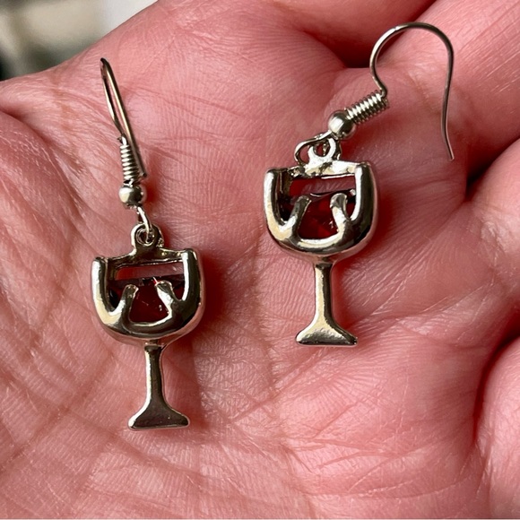 RED WINE EARRINGS Silver Plated With Fish Hook Ear Wires & Red Crystals - Picture 3 of 8